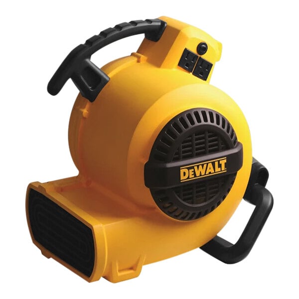 A yellow and black DeWalt air mover with 2 power outlets.