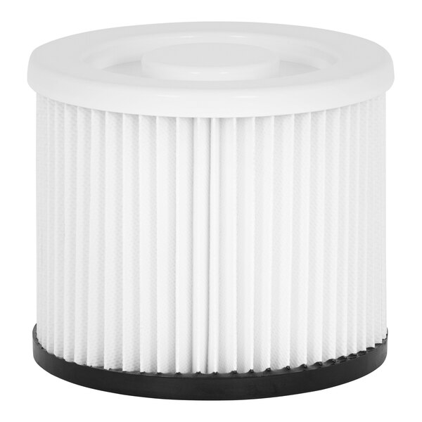 A close up of a white DeWalt cartridge filter for a vacuum cleaner.