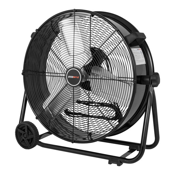 A black Ecomax portable roll-around drum fan on wheels.