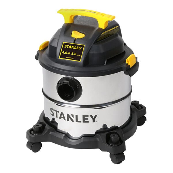 A Stanley stainless steel wet/dry vacuum with a yellow handle.