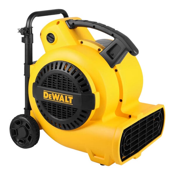 A yellow and black DeWalt air mover with a telescoping handle and wheels.