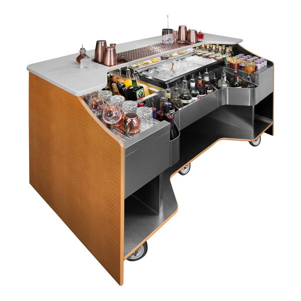 A Perlick portable bar with a glass top and wooden base filled with a variety of drinks.