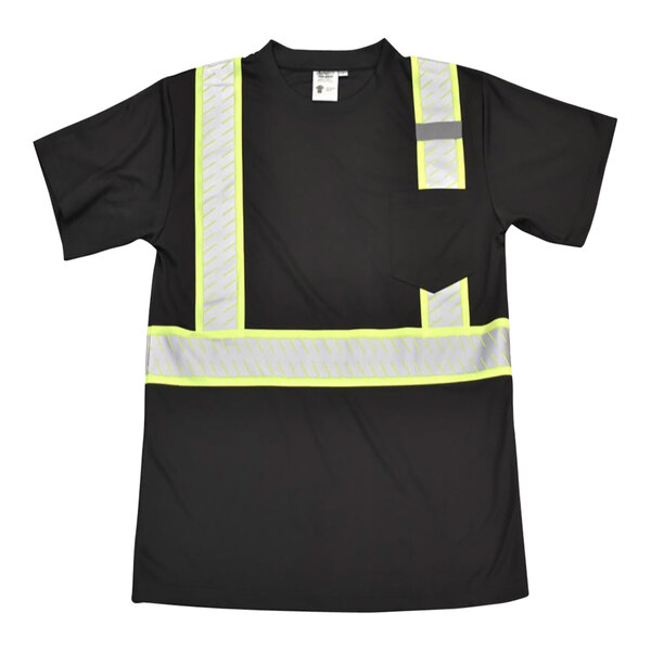 A black Cordova short sleeve safety shirt with two-tone yellow reflective stripes.