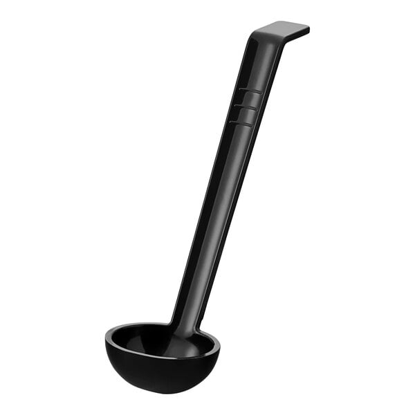 A black ladle with a long handle.