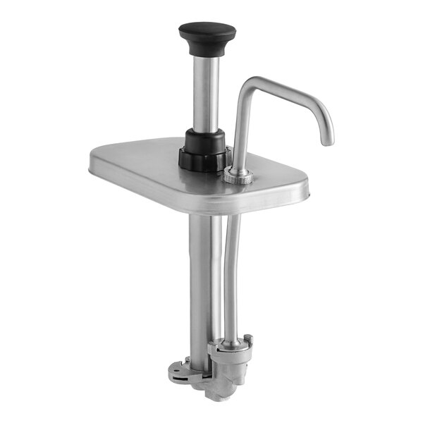 A stainless steel ServSense condiment pump with a black lid.