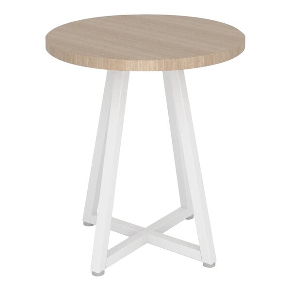 An Econoco Aspect small round nesting display table with a white base and raw oak woodgrain top.