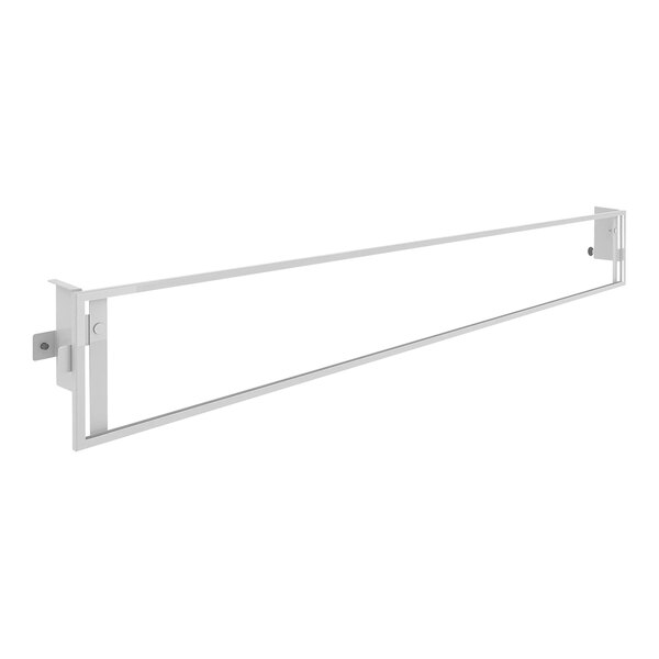 A white metal display sign holder bar with hooks on each end.