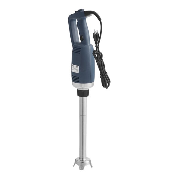 A blue and silver Galaxy immersion blender with a cord.
