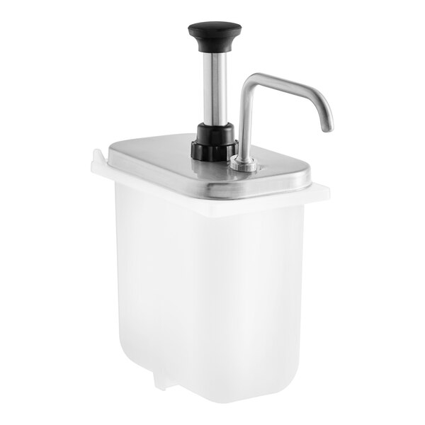 A white plastic container with a stainless steel pump and black handle.