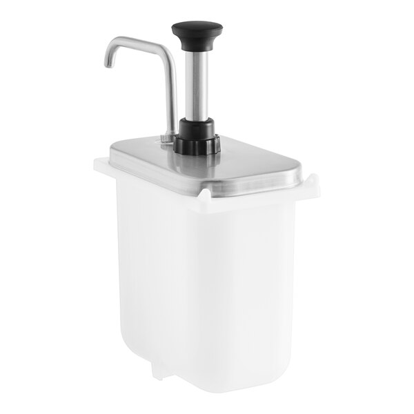 A white plastic container with a stainless steel pump lid.