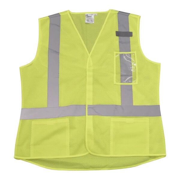 A close up of a Cordova Cor-Brite lime yellow safety vest with reflective stripes.