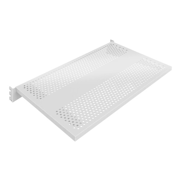 A white metal shelf with perforated holes.