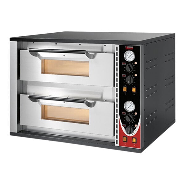 A black and silver Sirman Lipari double deck countertop pizza oven with two doors.