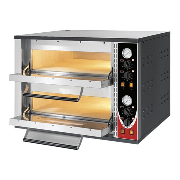 A black and silver Sirman Lipari double deck countertop pizza oven with two doors open.