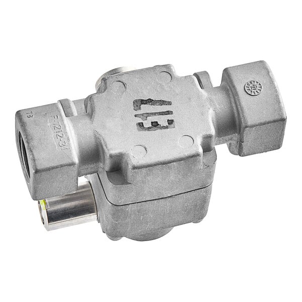 A close up of a grey metal Robertshaw gas safety valve with a couple of holes.