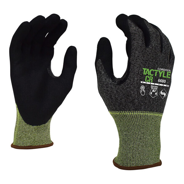 A pair of black and green Cordova Tactyle CR 6680XL warehouse gloves.