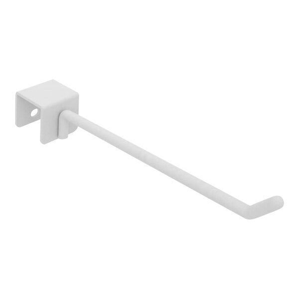 A gloss white metal saddle-mount display hook on a white background.