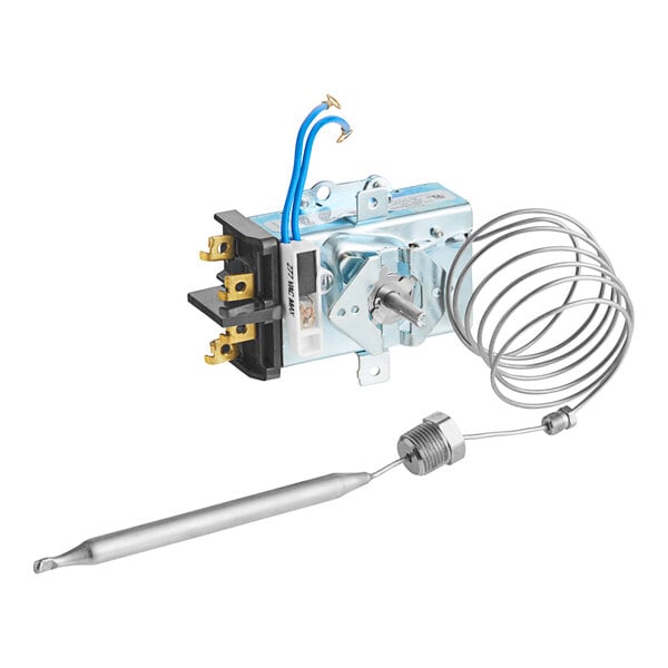 A Robertshaw thermostat with blue and metal wires and a metal coil.
