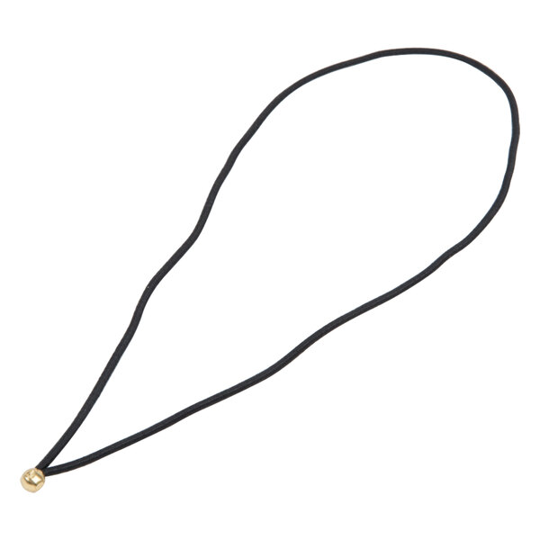 A black elastic band with a gold ring on it.