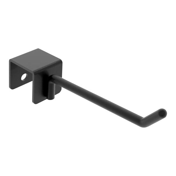 A black metal Econoco saddle-mount display hook.