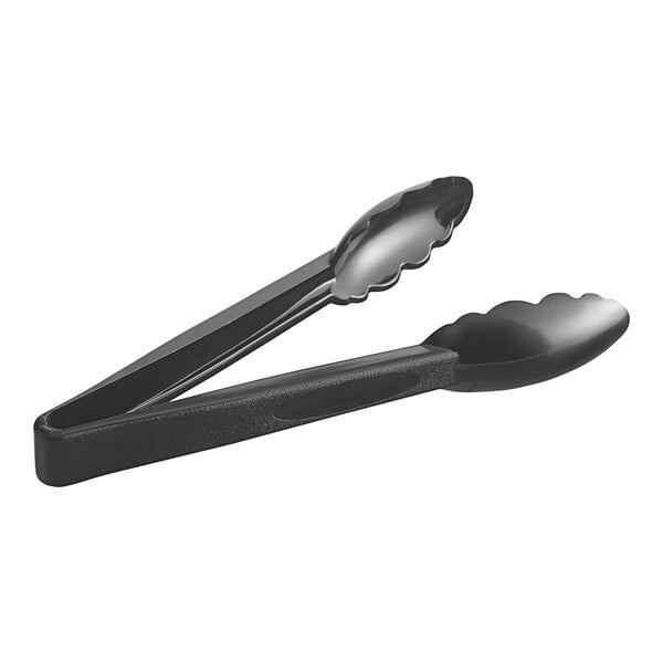 A black polycarbonate tongs with scalloped edges and black handles.