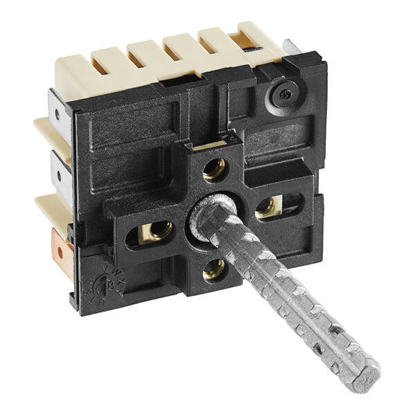 A black and white electrical switch with a metal rod.