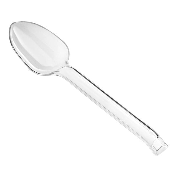 A clear plastic serving spoon with a long handle.