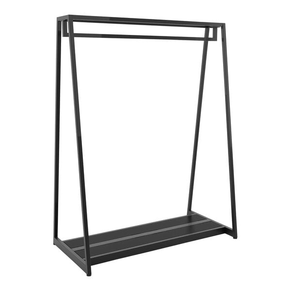 A black metal Econoco retail display rack with shelves and a ballet bar.