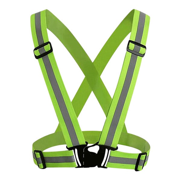 Cordova Hi-Vis Lime safety suspenders with grey reflective straps on a green safety vest.