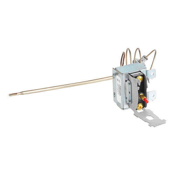 A Robertshaw 5225-04G safety hi-limit thermostat for a small electric heater with a metal rod and wires.