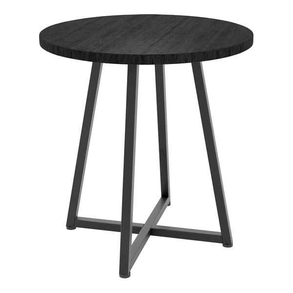 A round black Econoco nesting display table with metal legs and a black woodgrain top.