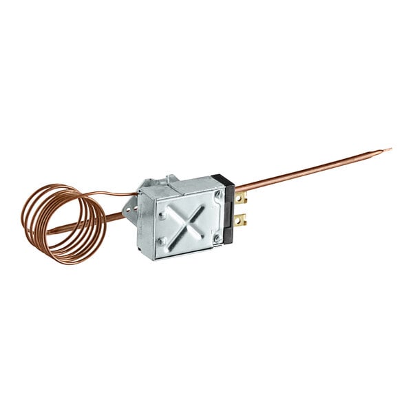A small metal box with a copper wire attached to a Robertshaw K-909-42 thermostat.