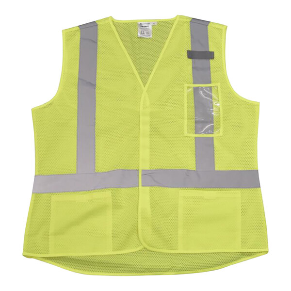 A close up of a lime yellow Cordova high visibility vest with grey reflective stripes.
