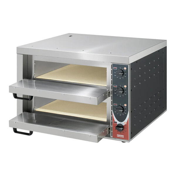 A stainless steel Sirman Vulcano double deck countertop pizza oven with shelves.