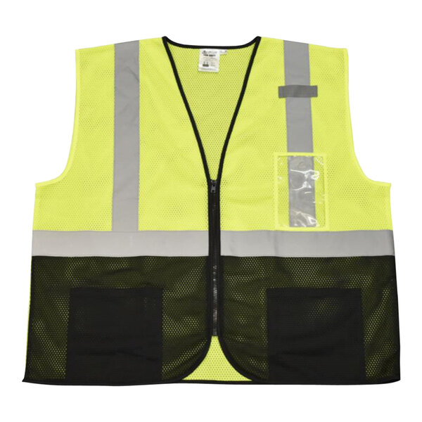 A black mesh bag containing a yellow and black Cordova Cor-Brite high visibility safety vest with reflective stripes.