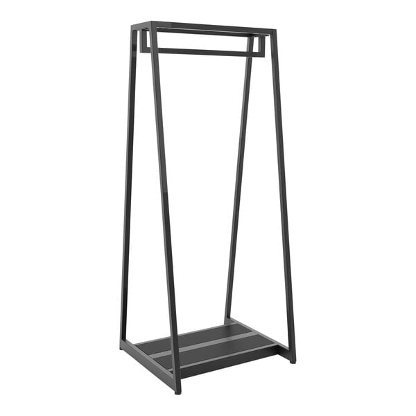 A black metal Econoco retail display rack with shelves on both sides and ballet bar.