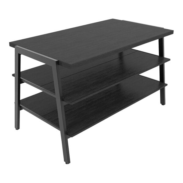 An Econoco matte black metal 3-tier display table with black woodgrain shelves.