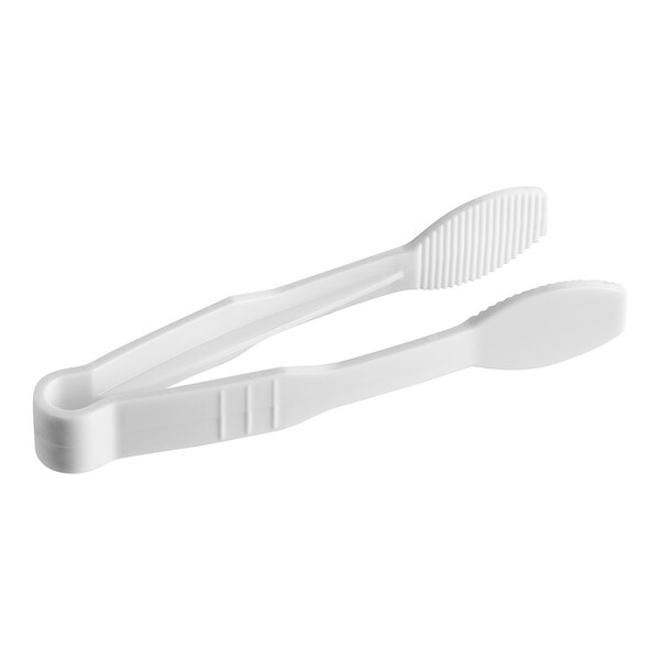 A pair of white tongs with flat grips.