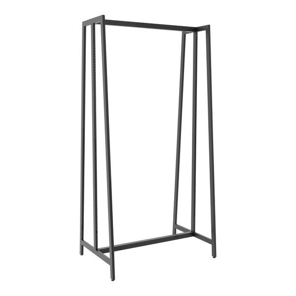 A matte black steel Econoco double-sided retail display rack with shelves and legs.