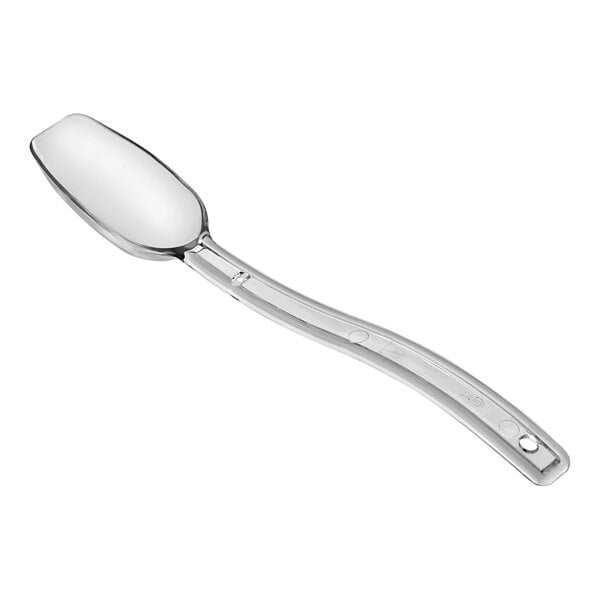 A clear polycarbonate salad bar spoon with a long handle.