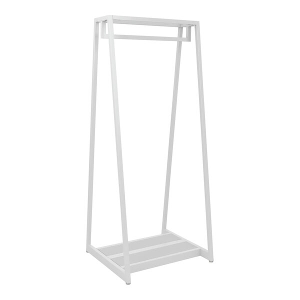 A white metal Econoco double-sided floor merchandiser with a shelf.