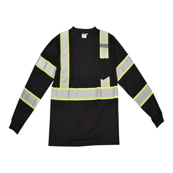 A Cordova black long sleeve safety shirt with yellow reflective stripes.