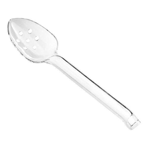 A clear plastic slotted serving spoon with holes.
