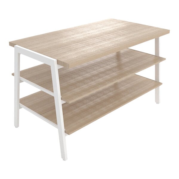 A white metal Econoco display table with raw oak woodgrain shelves.