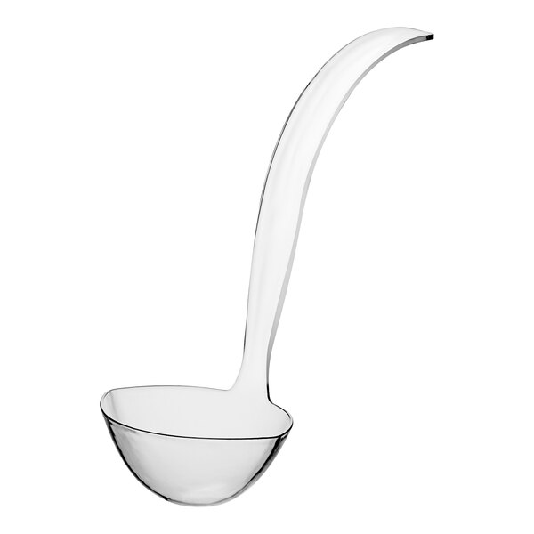 A clear plastic ladle with a long curved handle.
