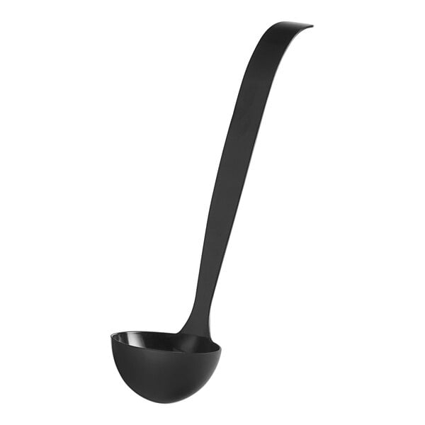 A black ladle with a long handle.