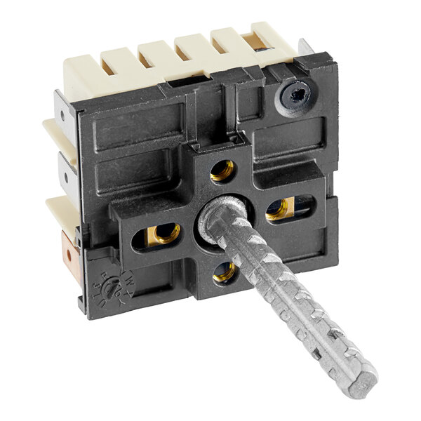 A black and white Robertshaw infinite switch with a metal screw in it.