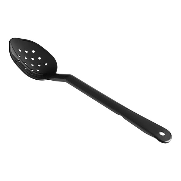 A black polycarbonate spoon with holes.