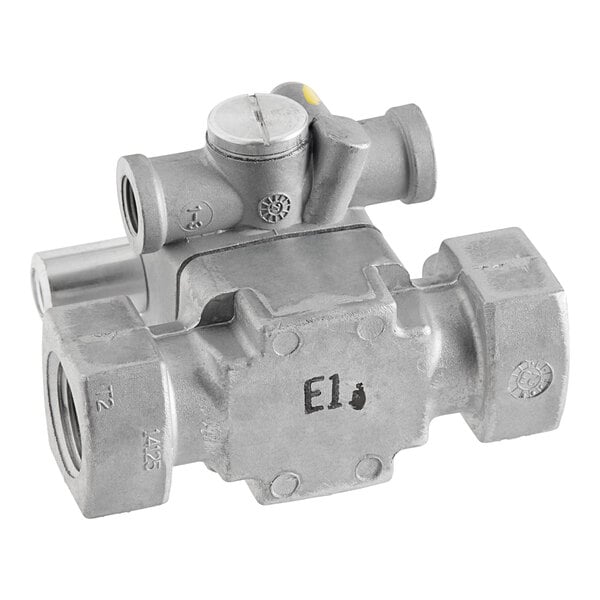 A silver metal Robertshaw gas valve with a couple of holes and a screw.