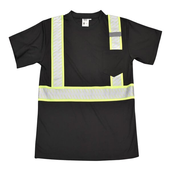 A black Cordova short sleeve safety shirt with yellow reflective stripes.